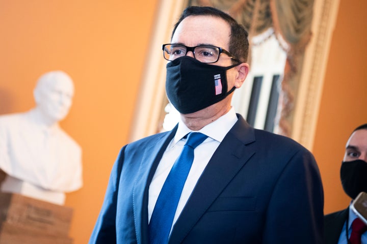 Treasury Secretary Steven Mnuchin arrives at the Capitol for a meeting with Senate Majority Leader Mitch McConnell about the COVID-19 relief plan, on Thursday, July 23, 2020. Mnuchin has been representing the White House in Capitol Hill negotiations.