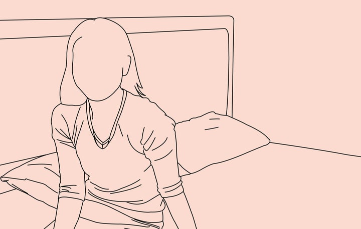 A line drawing of a woman sitting in bed alone.