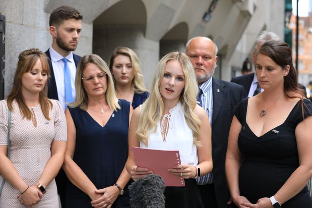 Lissie Harper (centre), the widow of Pc Andrew Harper, speaks to the media outside the Old Bailey in London.