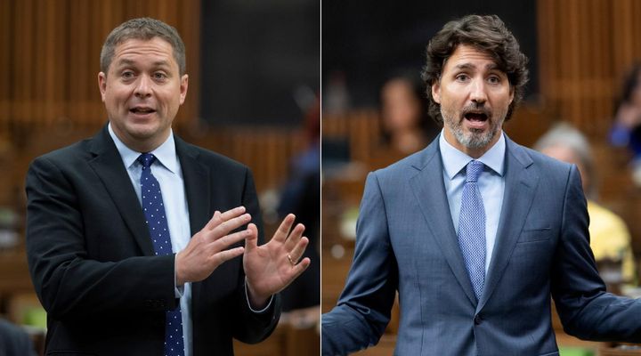 Conservative Leader Andrew Scheer and Prime Minister Justin Trudeau speak in the House of Commons on July 22, 2020.