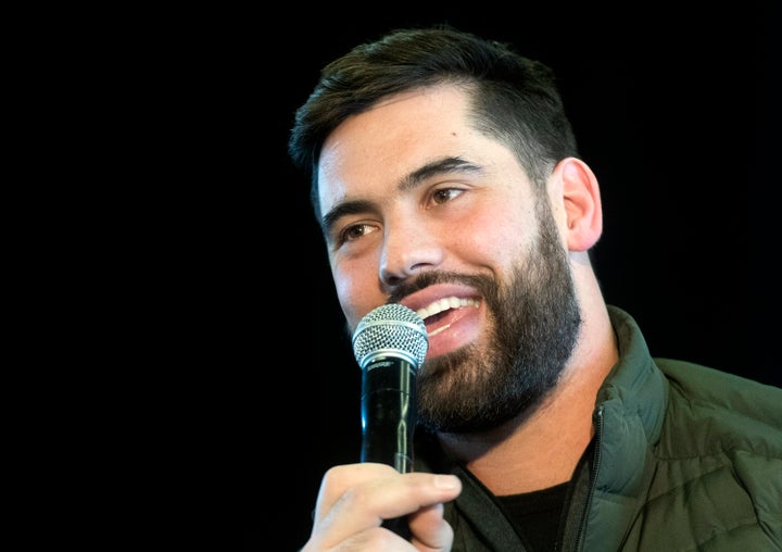 Super Bowl champion and Kansas City Chiefs player Laurent Duvernay-Tardif speaks during an news conference prior to an event to celebrate his win, in Montreal on Feb. 9, 2020. 