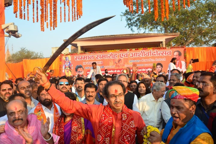 Maharashtra Chief Minister Uddhav Thackeray holds a sword during a programme at Laxman Ghat, on November 24, 2018 in Ayodhya in a file photo