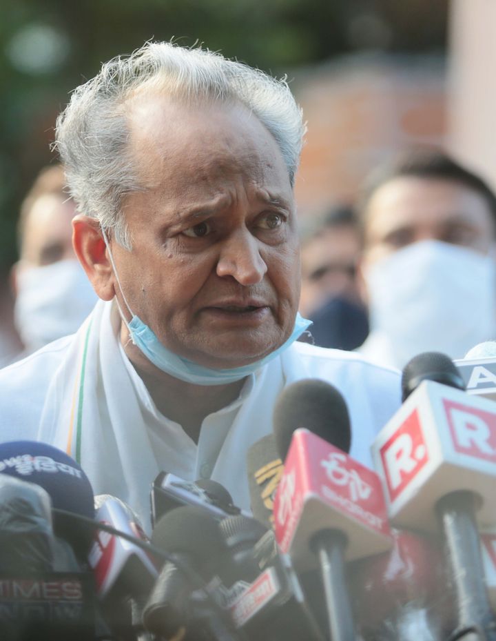 Rajasthan Chief Minister Ashok Gehlot speaks to the media outside the Governors residence on July 24, 2020 in Jaipur.