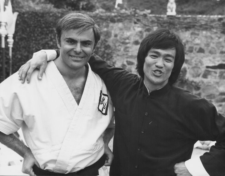 Actors Bruce Lee and John Saxon, on the set of the movie 'Enter the Dragon', 1973. (Photo by Stanley Bielecki Movie Collectio