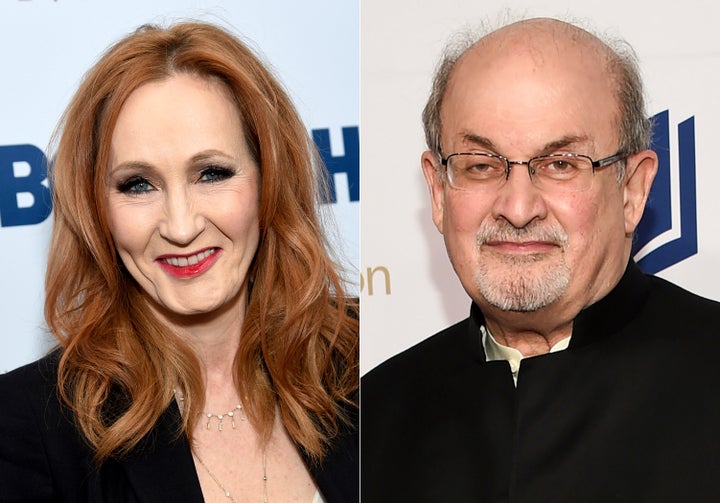 This combination photo shows authors J.K. Rowling, left, and Salman Rushdie. Rowling, threatened legal action against a British news site that suggested she was transphobic after referring to controversial tweets she has written in recent months. Rushdie was forced into hiding because of death threats because of his novel "The Satanic Verses."