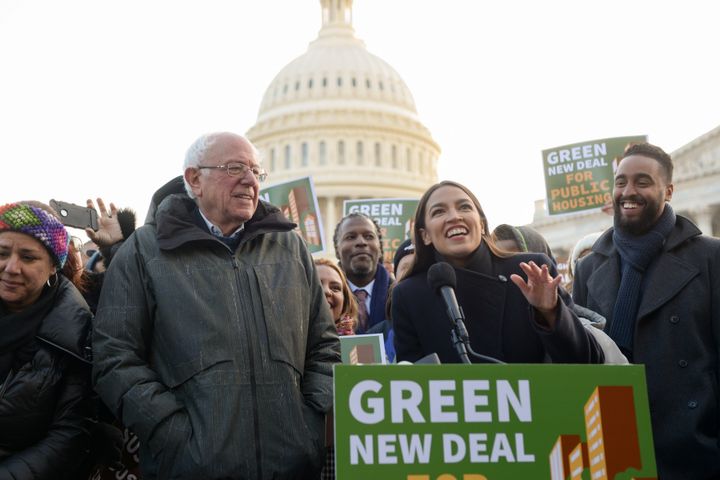 Sen. Bernie Sanders (I-Vt.) and Rep. Alexandria Ocasio-Cortez (D-N.Y.) announce the inclusion of public housing legislation in the Green New Deal in November. Ocasio-Cortez is now pushing a legislative amendment that could effectively stop the use and construction of oil and gas pipelines.