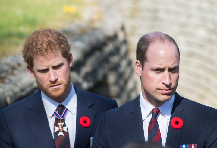 William and Harry walk through a trench during the commemorations for the 100th anniversary of the battle of Vimy Ridge on April 9, 2017, in Lille, France.