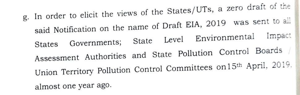 Excerpt from the 'statement of objections' filed by the MoEF&CC in the Karnataka HC. Para 2(g) here lists the environment ministry's consultation with state governments and other state-level environmental bodies about the zero draft of EIA 2019 under a paragraph about 'wide publicity' given to the Draft EIA 2020 notification, 