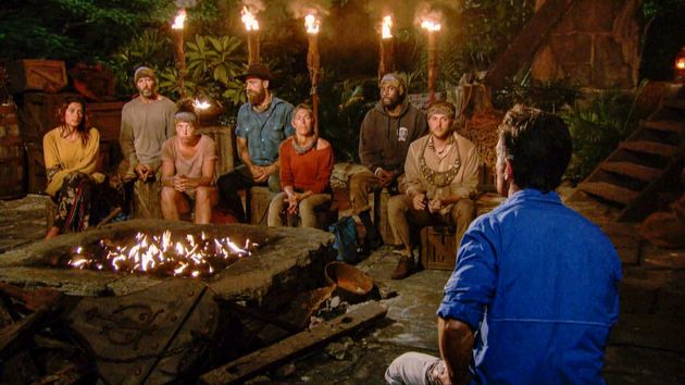 Michele Fitzgerald, Tony Vlachos, Sarah Lacina, Ben Driebergen, Denise Stapley, Jeremy Collins and Nick Wilson at Tribal Council during an episode of 