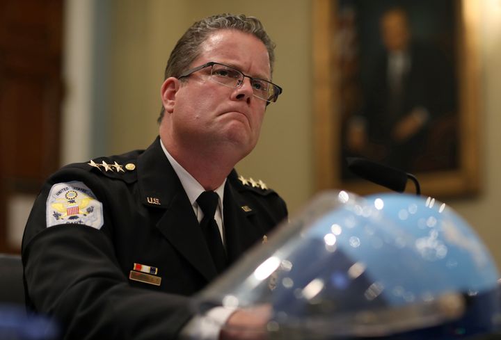Gregory Monahan, acting chief of the U.S. Park Police, testifies about the June 1 confrontation with protesters at Lafayette Square during a House Natural Resources Committee hearing on July 28. The committee is investigating the circumstances under which the square was cleared before President Trump made an appearance at St. John's Church.