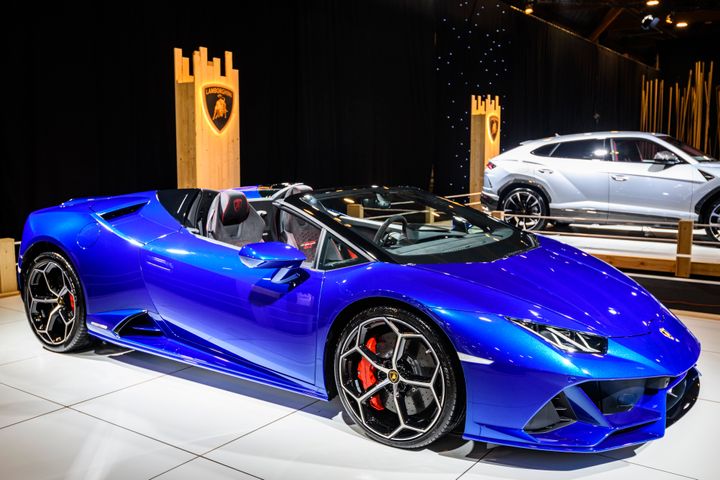 A Lamborghini Huracan EVO Spyder convertible sports car is seen on display in Brussels, Belgium, in January