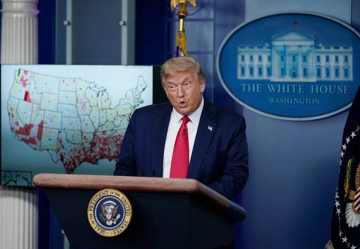 President Donald Trump speaks during a news conference earlier this month about his administration's response to the ongoing 