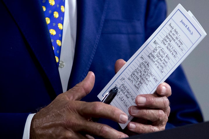 The notes of Democratic presidential candidate former Vice President Joe Biden reference Sen. Kamala Harris, among other things as he speaks at a campaign event at the William "Hicks" Anderson Community Center in Wilmington, Del., on July 28, 2020.