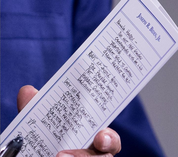 The notes of Democratic presidential candidate former Vice President Joe Biden reference Sen. Kamala Harris, among other things as he speaks at a campaign event at the William "Hicks" Anderson Community Center in Wilmington, Del., on July 28, 2020.