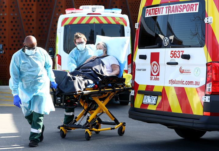 A resident is taken from the Epping Hardens Aged Care Home on July 29, 2020 in Melbourne, Australia. 