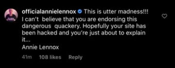 Annie Lennox commented on the post