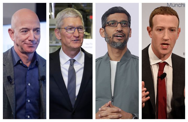This combination of 2019-2020 photos shows Amazon CEO Jeff Bezos, Apple CEO Tim Cook, Google CEO Sundar Pichai and Facebook CEO Mark Zuckerberg.
