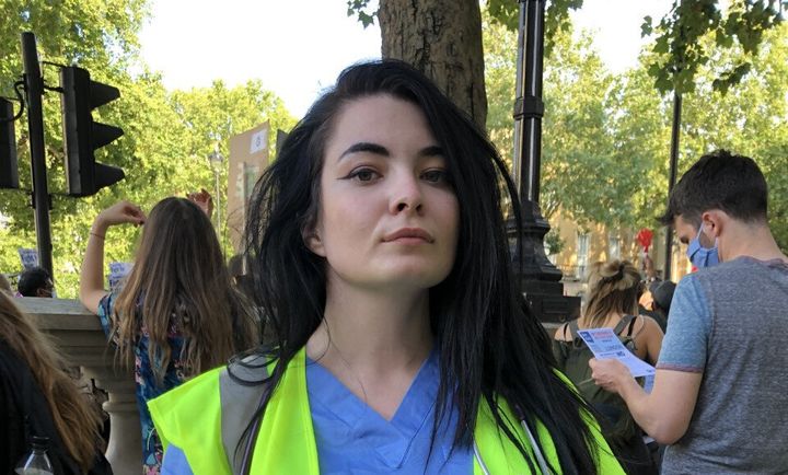 Rebecca Reid, a 27-year-old London-based nurse from Prestwick in Scotland, who has said she would invite Boris Johnson to join her on a shift if there is a second wave of coronavirus, as hundreds of NHS workers marched to Downing Street demanding an immediate pay rise.