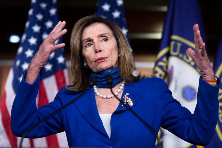 Speaker of the House Nancy Pelosi holds a news conference on child care relief bills at the Capitol on Wednesday.