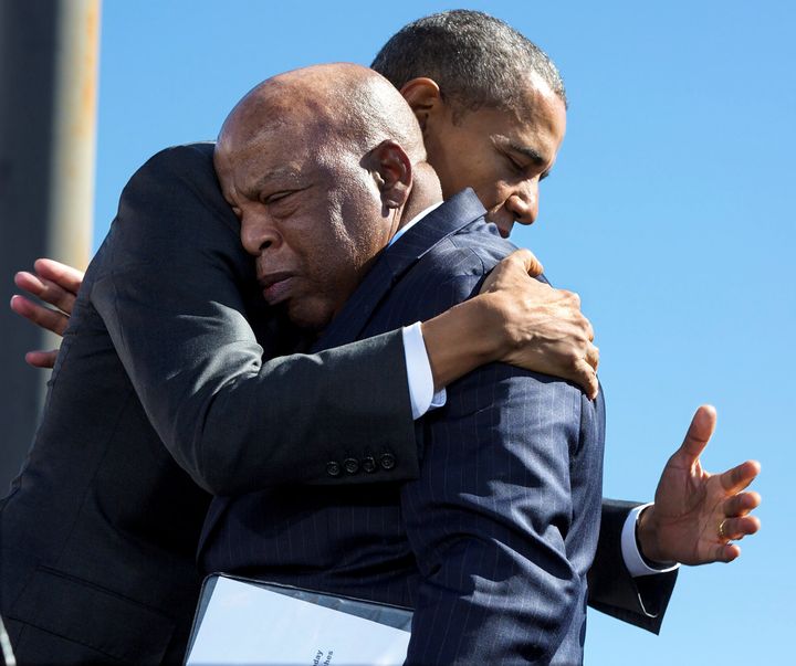 President Barack Obama hugs Rep. John Lewis (D-Ga.) on March 7, 2015, after his introduction during an event in Selma, Alabama, to commemorate the 50th anniversary of Bloody Sunday and the Selma to Montgomery civil rights marches.