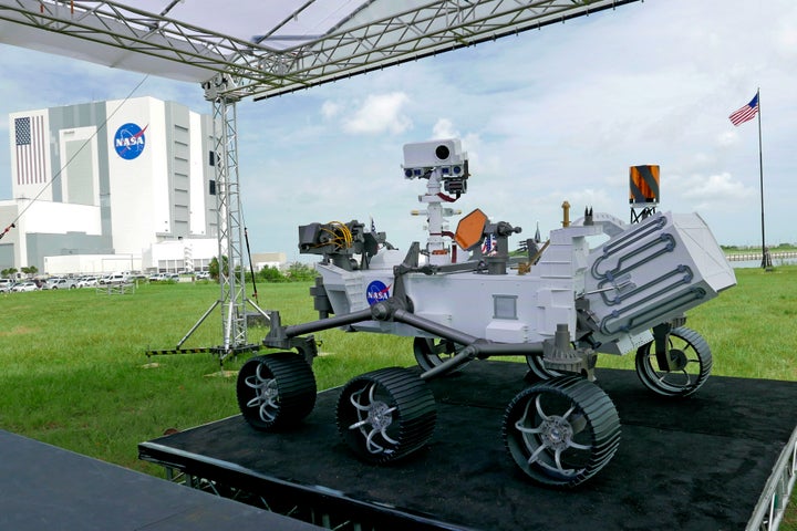 A replica of the Mars rover Perseverance is displayed at the Kennedy Space Center on Wednesday, July 29, in Cape Canaveral, Fla.