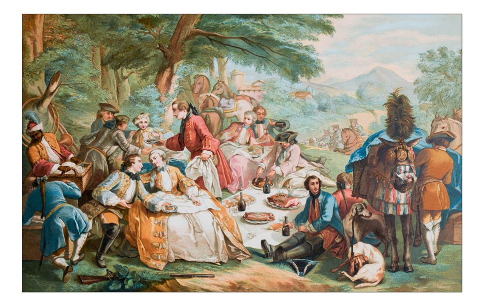 An antique illustration of outdoor picnic following a hunt
