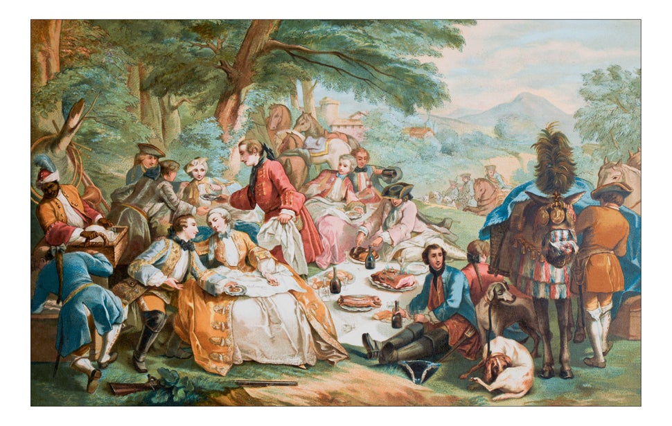 An antique illustration of outdoor picnic following a hunt