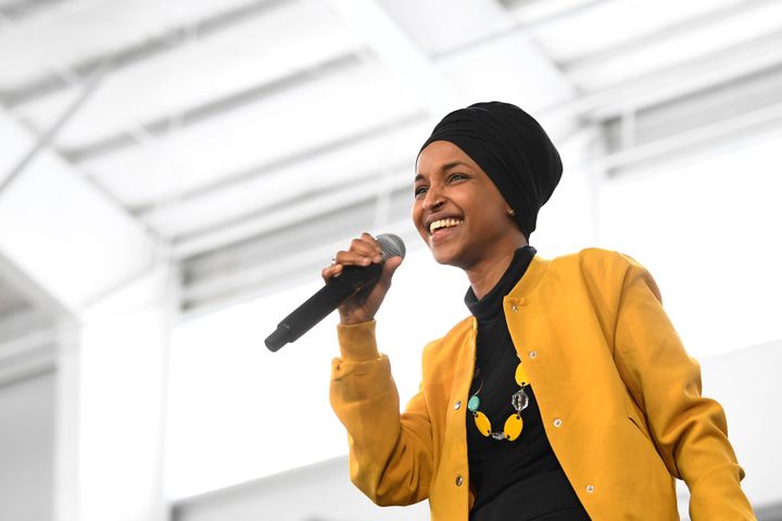 Rep. Ilhan Omar (D-Minn.) speaks at a rally in Springfield, Mass., in February.