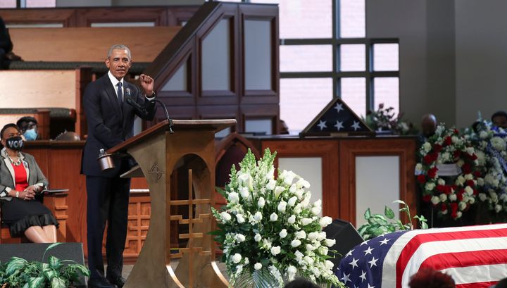 Former President Barack Obama speaks at the funeral of Rep. John Lewis, a legendary civil rights leader. Obama said Democrats may need to eliminate the filibuster to fulfill Lewis’ legacy. 