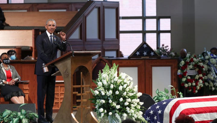 Former President Barack Obama speaks at the funeral of Rep. John Lewis, a legendary civil rights leader. Obama said Democrats may need to eliminate the filibuster to fulfill Lewis’ legacy.