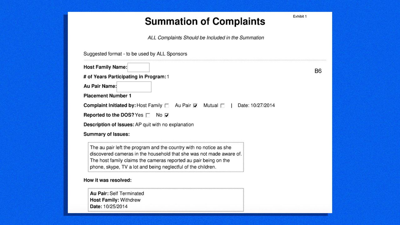 A document that shows a complaint by an au pair. It says she "self terminated." 