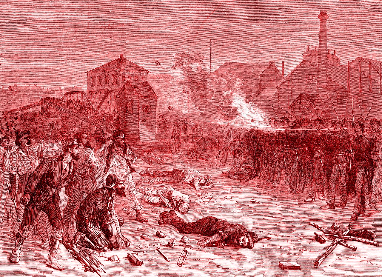 An illustration depicts the 1877 Great Railroad Strike, when soldiers fire on the crowd during a riot at the Halsted Street viaduct in Chicago.