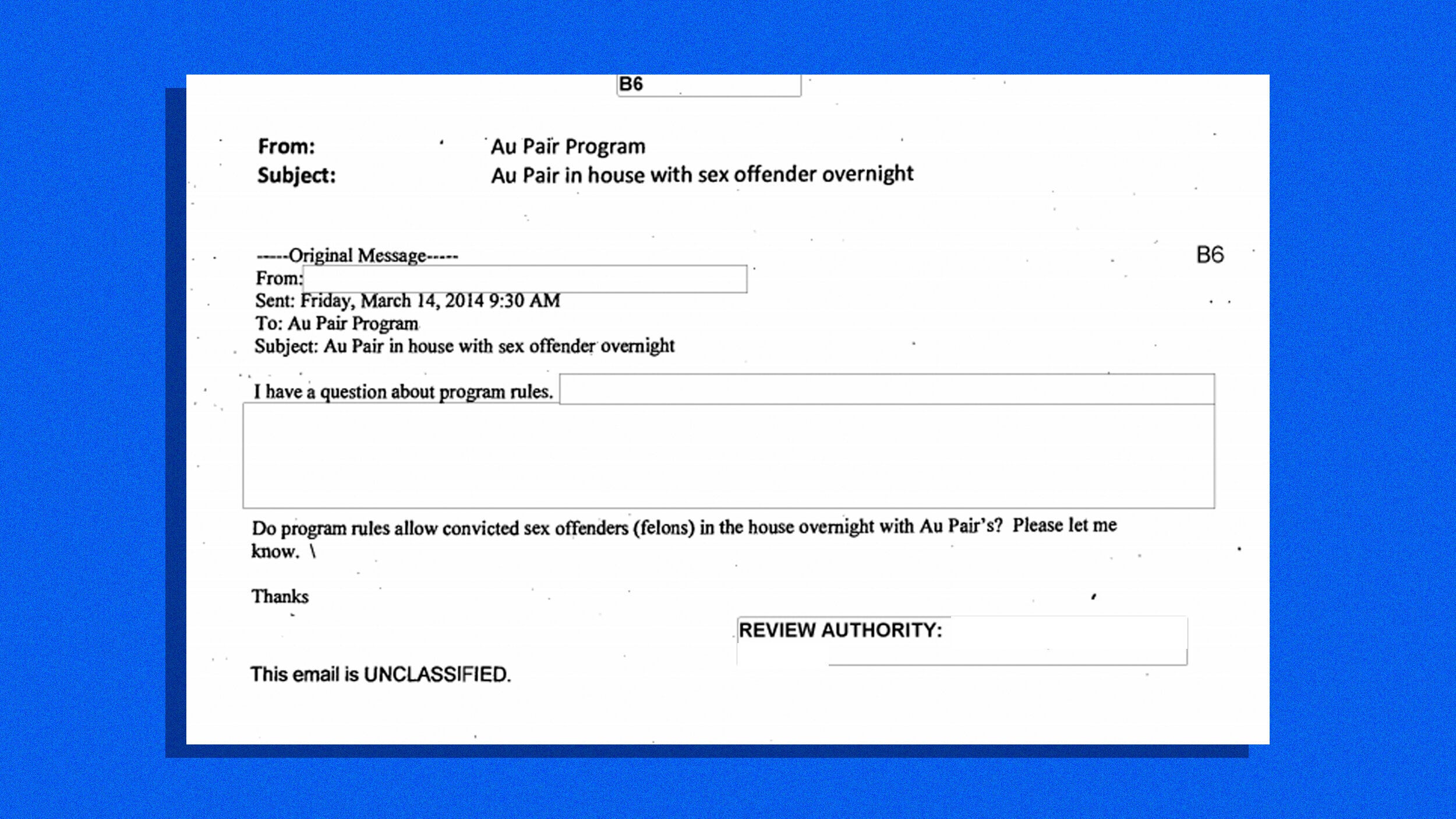 An email asking about program rules and whether convicted sex offenders can be in a house overnight with au pairs. 