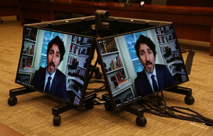 Prime Minister Justin Trudeau testifies via video conference during a House of Commons Standing Committee on Finance on July 30, 2020 in Ottawa.