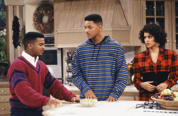 THE FRESH PRINCE OF BEL-AIR -- "The Butler Did It" Episode 11 -- Pictured: (l-r) Alfonso Ribeiro as Carlton Banks, Will Smith as William 'Will' Smith, Karyn Parsons as Hilary Banks -- Photo by: Ron Tom/NBCU Photo Bank