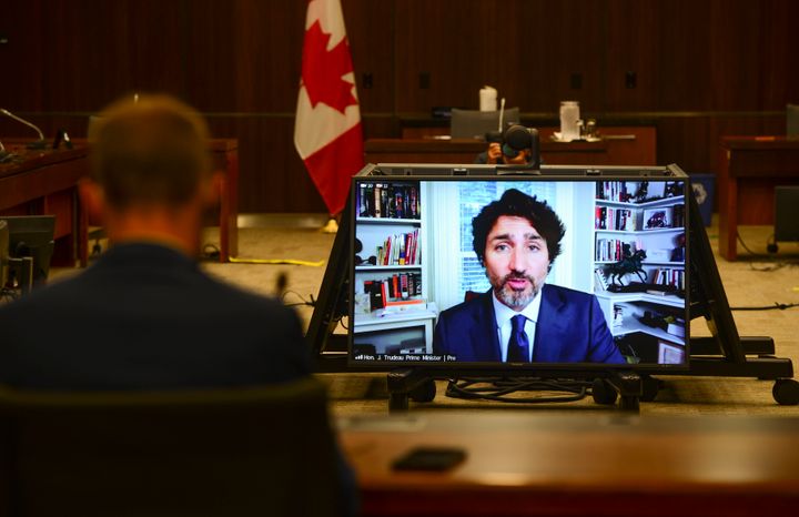 Prime Minister Justin Trudeau appears as a witness via videoconference during a House of Commons finance committee on July 30, 2020.