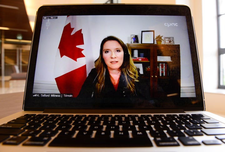 Katie Telford, chief of staff to the Prime Minister, is viewed on a laptop computer as she appears as a witness via videoconference during a House of Commons finance committee on July 30, 2020.