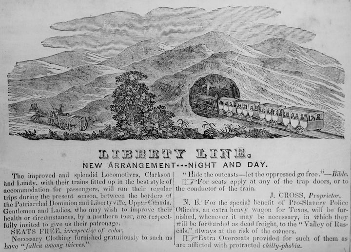 An 1844 Chicago Western Citizen advertisement for the "Liberty Line," which is a thinly veiled reference to the Underground Railroad which has "Seats Free, irrespective of color'" and travels 'between the Patriarchal Dominion and Libertyville, Upper Canada." The advertisement ran in Chicago, IL, 1844.