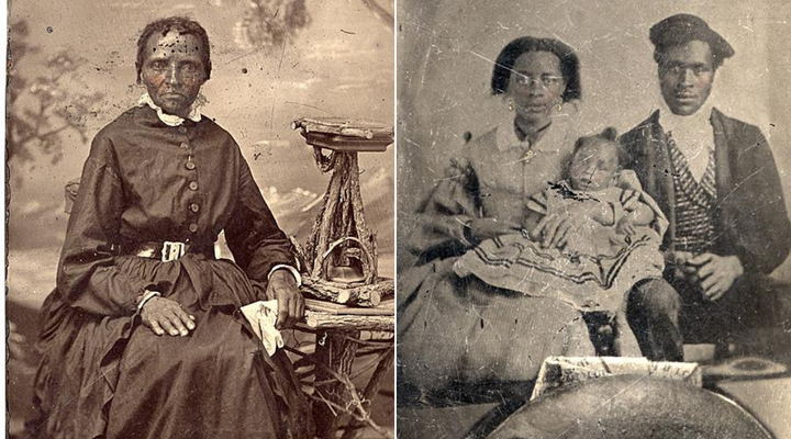 An unidentified woman and family photographed in the 1800s and preserved in an Archive of Ontario exhibit about enslaved people in Upper Canada.