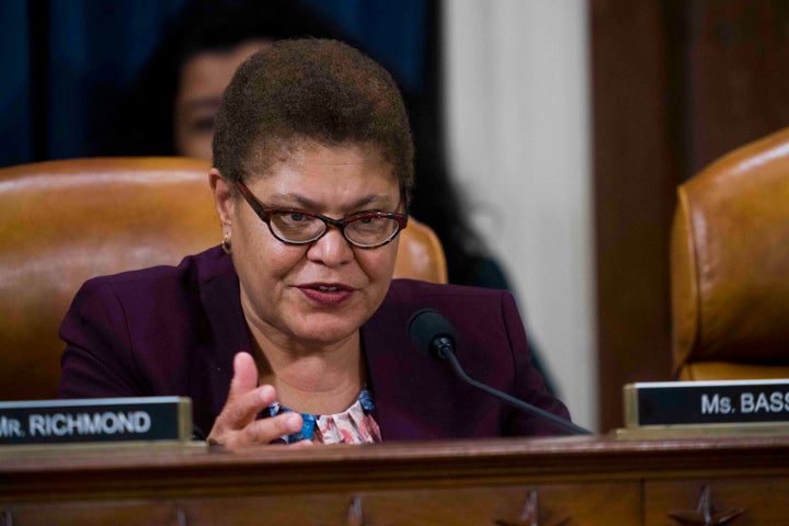 Rep. Karen Bass, D-Calif., questions Intelligence Committee Minority Counsel Stephen Castor and Intelligence Committee Majority Counsel Daniel Goldman during the House impeachment inquiry hearings, Monday Dec. 9, 2019, in Washington. (Doug Mills/The New York Times via AP, Pool)