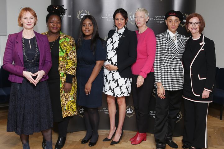 Journalist Anne McElvoy, Camfed Regional Director Zimbabwe's Angeline Murimirwa, British campaigner Chrisann Jarrett, the Duchess of Sussex, Annie Lennox, Adwoa Aboah and former Australian Prime Minister Julia Gillard attend a panel discussion convened by the Queen's Commonwealth Trust to mark International Women's Day on March 8, 2019 in London. 