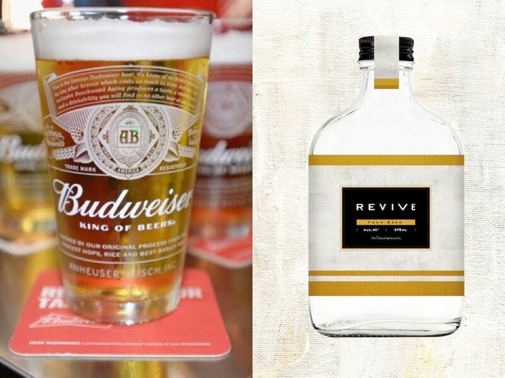 バドワイザービール（左）と、バドワイザーを原料に造ったジン「REVIVE」