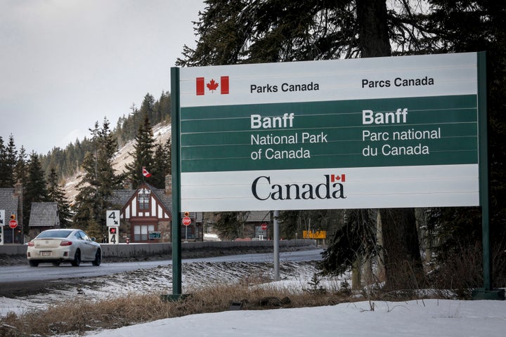 The Banff National Park entrance is shown in Banff, Alta., on March 24, 2020.