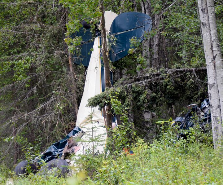 A plane rests in brush and trees after a midair collision outside of Soldotna, Alaska, on Friday, July 31, 2020. Seven people, including an Alaska state lawmaker, died Friday when two small airplanes collided in midair near the airport on Alaska’s Kenai Peninsula. Alaska State Troopers say state Rep. Gary Knopp was the sole occupant of one plane. The other plane was flown by a local pilot, and carried a guide from Kansas and four people from South Carolina. 
