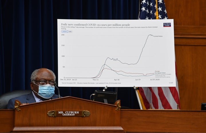 WASHINGTON, DC - JULY 31: Chairman Rep. James Clyburn, (D-SC) displays a chart at a House Subcommittee on the Coronavirus Cri