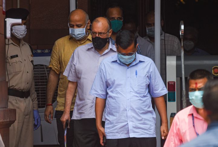 Delhi CM Arvind Kejriwal, Lt Governor Anil Baijal, Deputy CM Manish Sisodia and Health Minister Satyendar Jain leave North Block after attending a meeting with Union Home Minister Amit Shah on the Covid-19 situation in the national capital, on June 14, 2020.