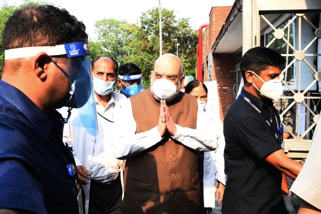 Union Home Minister Amit Shah during a Covid-19 preparedness review of Lok Nayak Jai Prakash (LNJP) Hospital...
