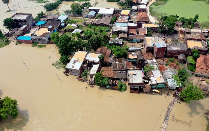 A photo taken on July 26, 2020 shows an aerial view of a flood-affected village in Darbhanga district in Bihar. 