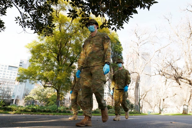 Members of the ADF (Australian Defence Force) patrol the streets on August 03, 2020 in Melbourne, Australia.
