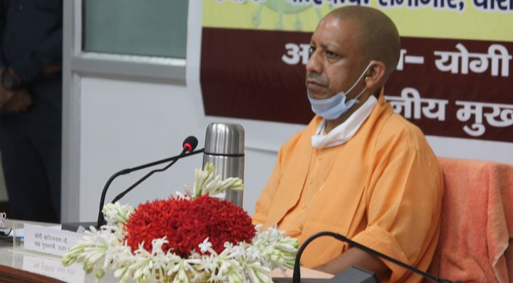 Uttar Pradesh Chief Minister Yogi Adityanath during a Covid-19 review meeting at BHU's central office on July 26, 2020 in Varanasi.